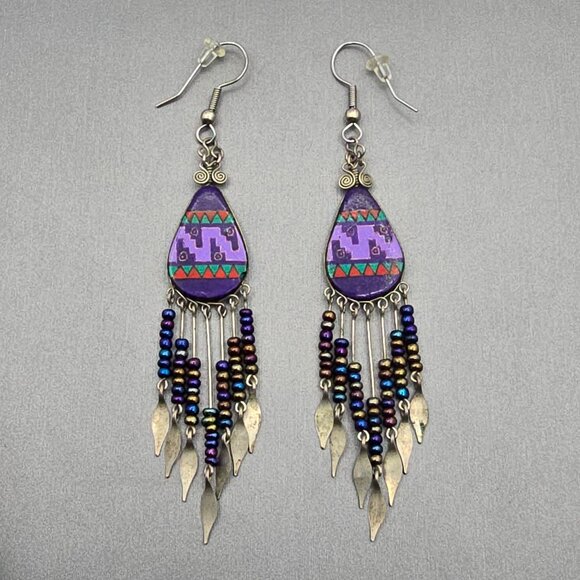 VTG Purple Southwestern Dangle Drop Earrings Beaded Fringe Tribal Pattern Design - Picture 1 of 7
